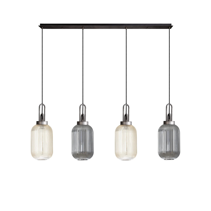 Idolite Camille Linear Pendant 4 x E27 With 20cm Tubular Ribbed Glass, Aged Pewter/Champagne/Smoked/Matt Black