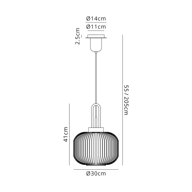 Idolite Camille Pendant, 1 x E27, Black Chrome/Matt Black With 30cm Round Ribbed Smoked Glass