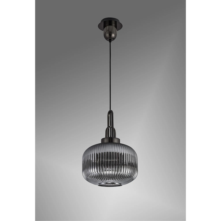 Idolite Camille Pendant, 1 x E27, Black Chrome/Matt Black With 30cm Round Ribbed Smoked Glass