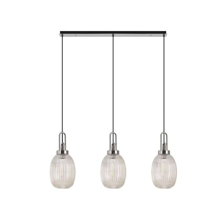 Idolite Camille Polished Nickel 3 Light Linear Bar Pendant With Champagne Ribbed Glasses