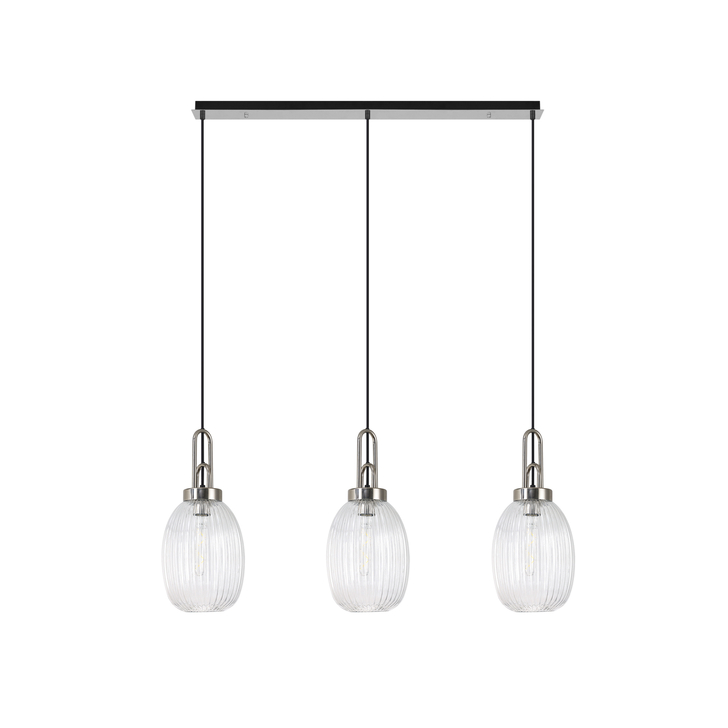 Idolite Camille Polished Nickel 3 Light Linear Bar Pendant With Clear Ribbed Glasses