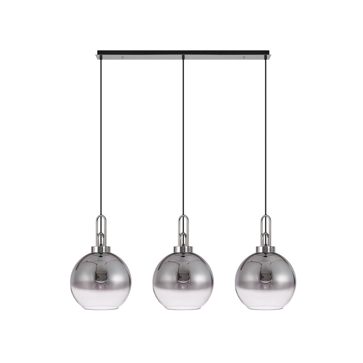 Idolite Camille Polished Nickel 3 Light Linear Bar Pendant With Smoked/Clear Ombre Glass Globes