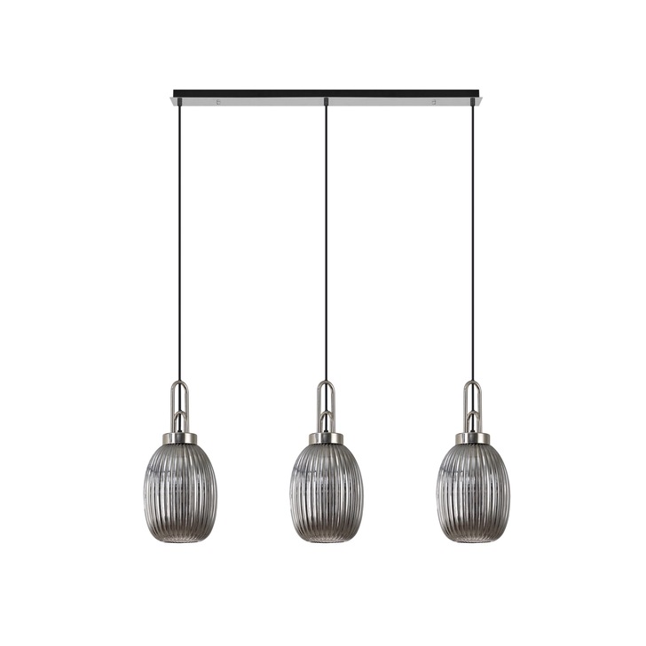 Idolite Camille Polished Nickel 3 Light Linear Bar Pendant With Smoked Ribbed Glasses