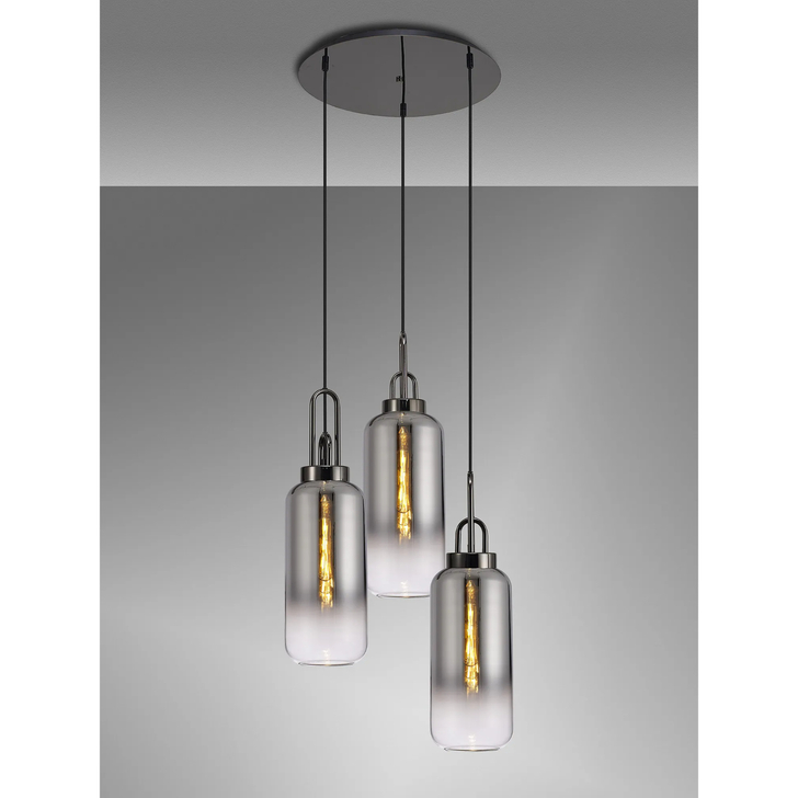 Idolite Camille Round 3 Light Pendant With 16cm Cylinder Glass, Black Chrome/Matt Black Smoked/Clear