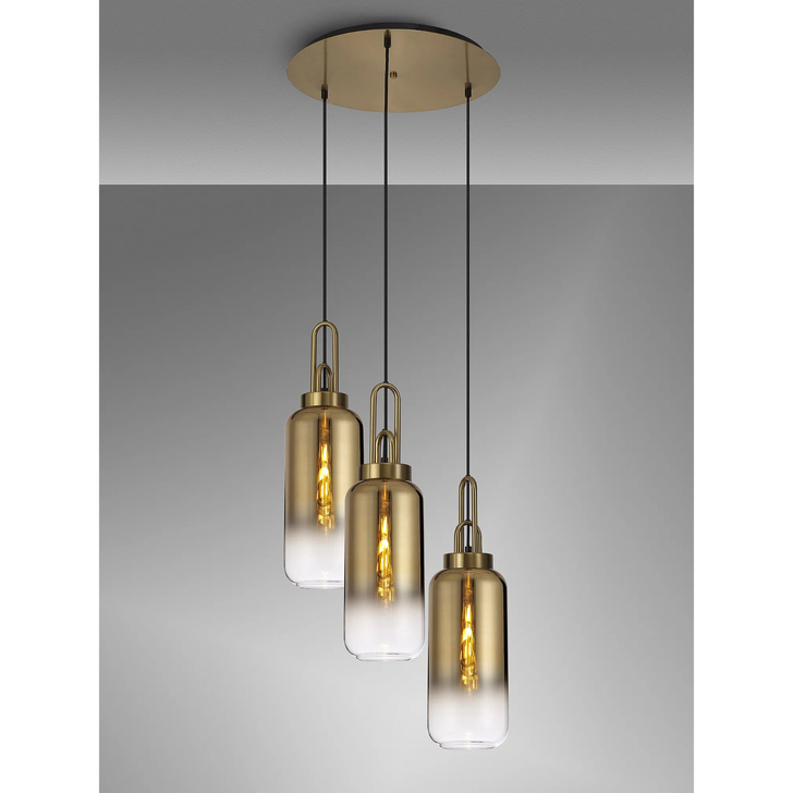 Idolite Camille Round 3 Light Pendant With 16cm Cylinder Glass, Brass Gold/Matt Black Brass Gold/Clear