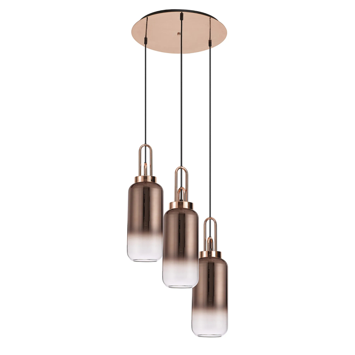 Idolite Camille Round 3 Light Pendant With 16cm Cylinder Glass, Copper/Matt Black Copper/Clear