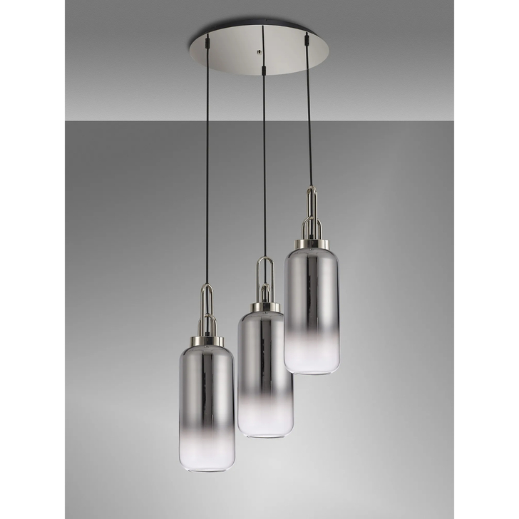 Idolite Camille Round 3 Light Pendant With 16cm Cylinder Glass, Polished Nickel/Matt Black Smoked/Clear