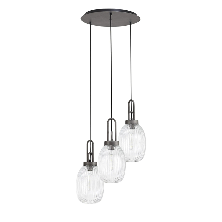 Idolite Camille Round 3 Light Pendant With 20cm Almond Ribbed Glass, Aged Pewter/Matt Black Clear