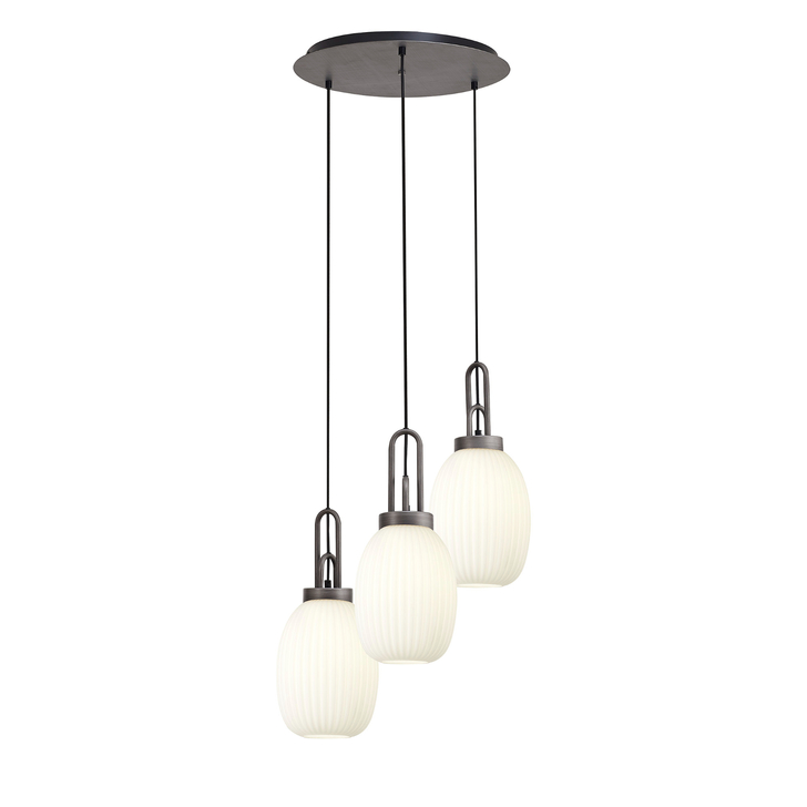 Idolite Camille Round 3 Light Pendant With 20cm Almond Ribbed Glass, Aged Pewter/Matt Black Opal