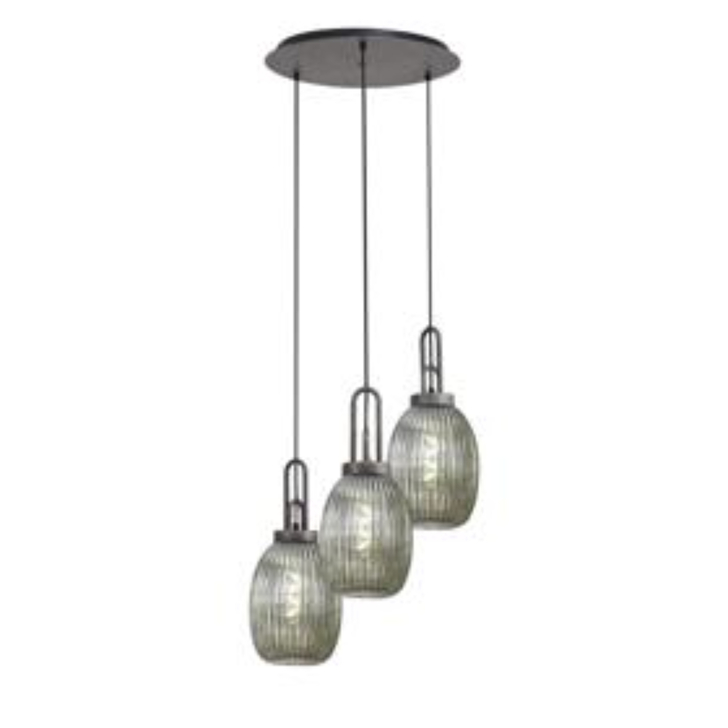 Idolite Camille Round 3 Light Pendant With 20cm Almond Ribbed Glass, Aged Pewter/Matt Black Smoked