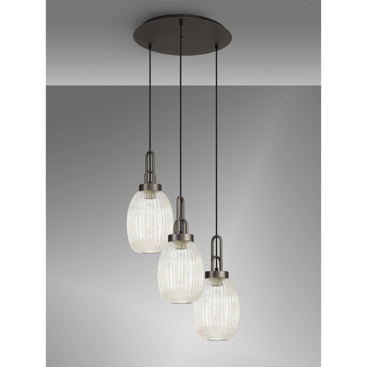 Idolite Camille Round 3 Light Pendant With 20cm Almond Ribbed Glass, Antique Silver/Matt Black Champagne