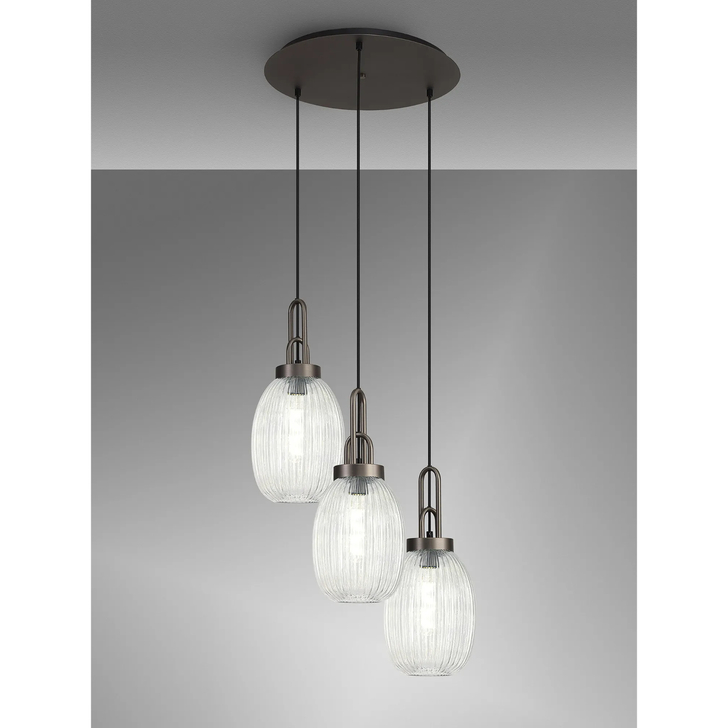 Idolite Camille Round 3 Light Pendant With 20cm Almond Ribbed Glass, Antique Silver/Matt Black Clear