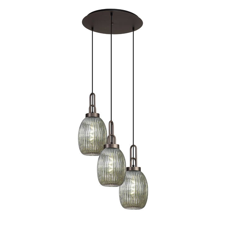 Idolite Camille Round 3 Light Pendant With 20cm Almond Ribbed Glass, Antique Silver/Matt Black Smoked