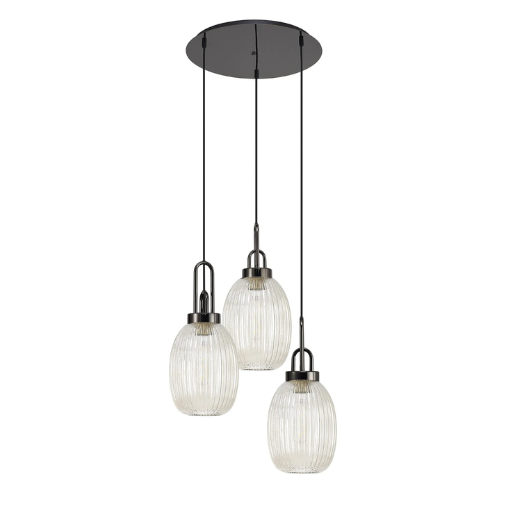 Idolite Camille Round 3 Light Pendant With 20cm Almond Ribbed Glass, Black Chrome/Matt Black Champagne