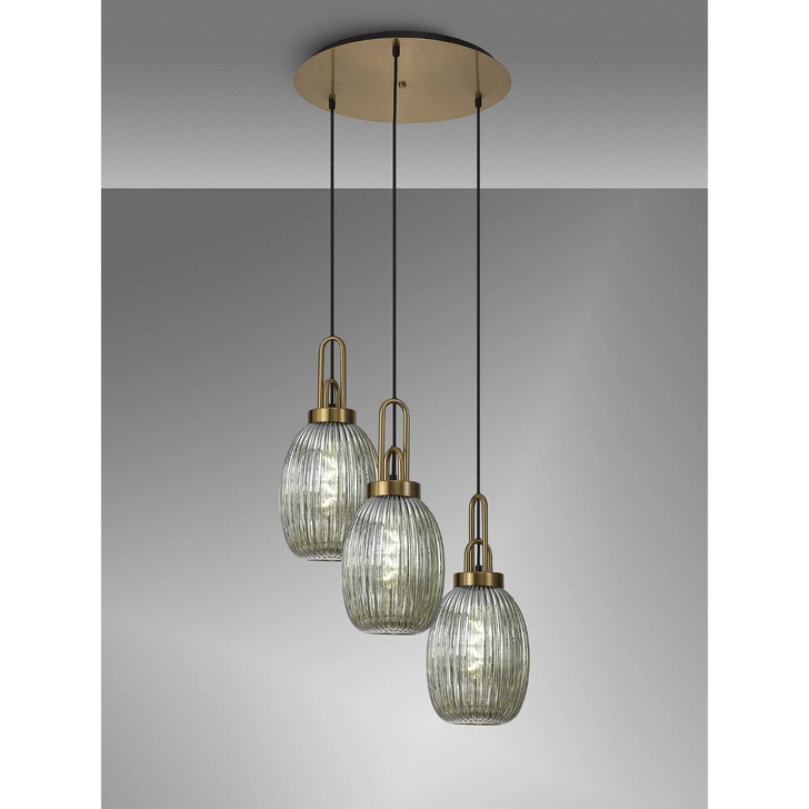 Idolite Camille Round 3 Light Pendant With 20cm Almond Ribbed Glass, Brass Gold/Matt Black Smoked