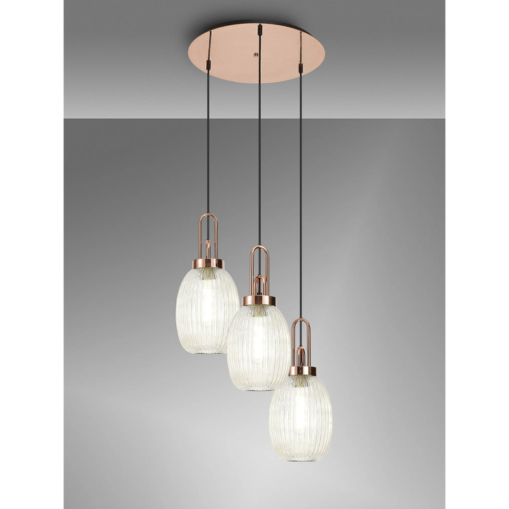 Idolite Camille Round 3 Light Pendant With 20cm Almond Ribbed Glass, Copper/Matt Black Champagne