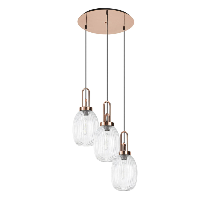 Idolite Camille Round 3 Light Pendant With 20cm Almond Ribbed Glass, Copper/Matt Black Clear
