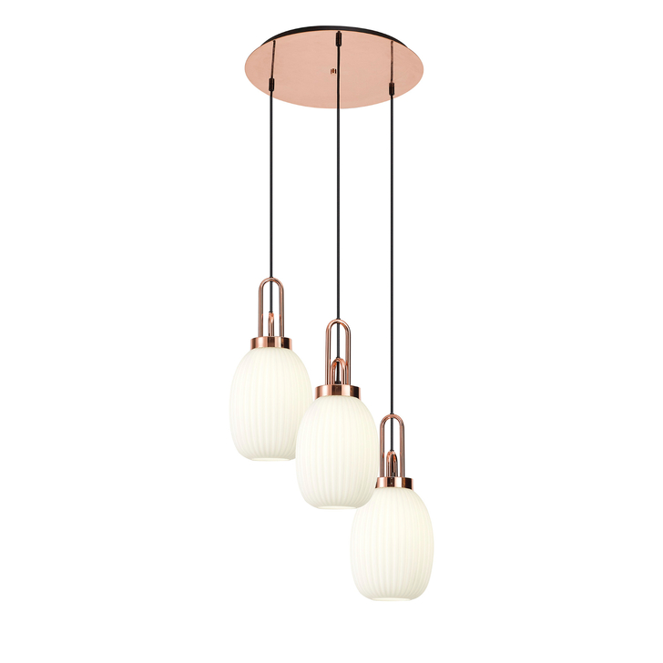 Idolite Camille Round 3 Light Pendant With 20cm Almond Ribbed Glass, Copper/Matt Black Opal