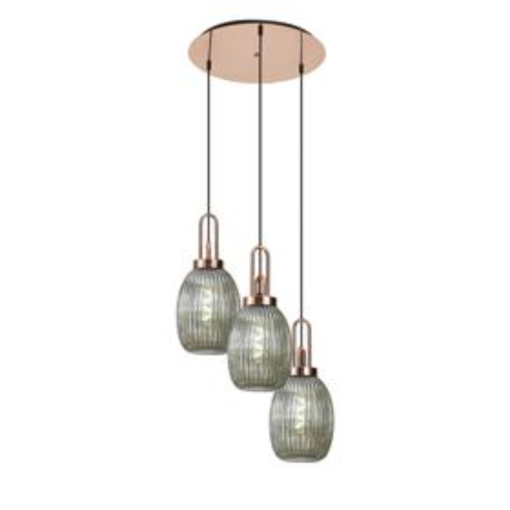 Idolite Camille Round 3 Light Pendant With 20cm Almond Ribbed Glass, Copper/Matt Black Smoked
