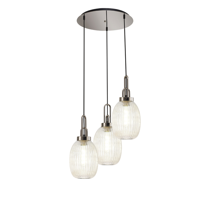 Idolite Camille Round 3 Light Pendant With 20cm Almond Ribbed Glass, Polished Nickel/Matt Black Champagne
