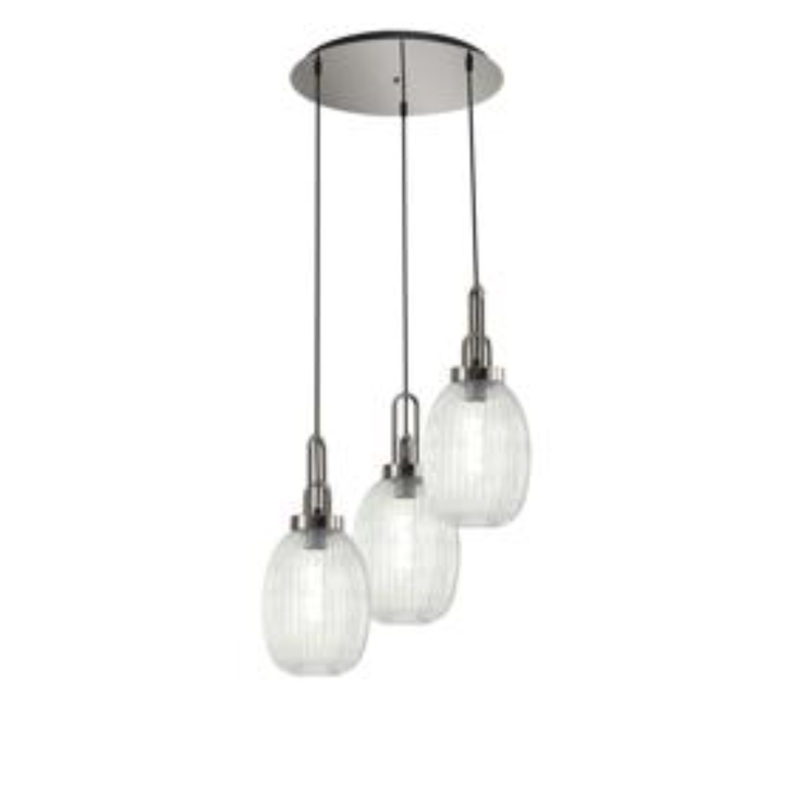 Idolite Camille Round 3 Light Pendant With 20cm Almond Ribbed Glass, Polished Nickel/Matt Black Clear