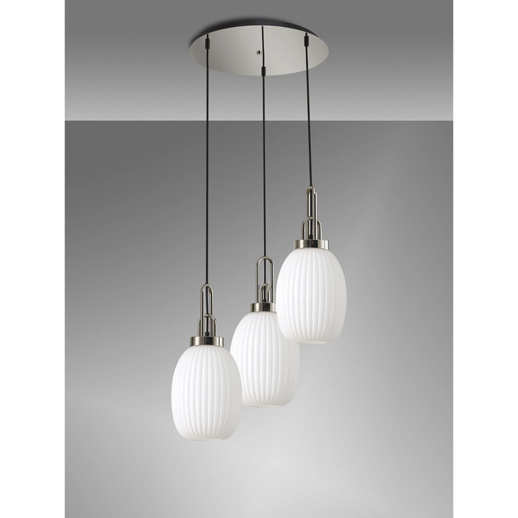 Idolite Camille Round 3 Light Pendant With 20cm Almond Ribbed Glass, Polished Nickel/Matt Black Opal