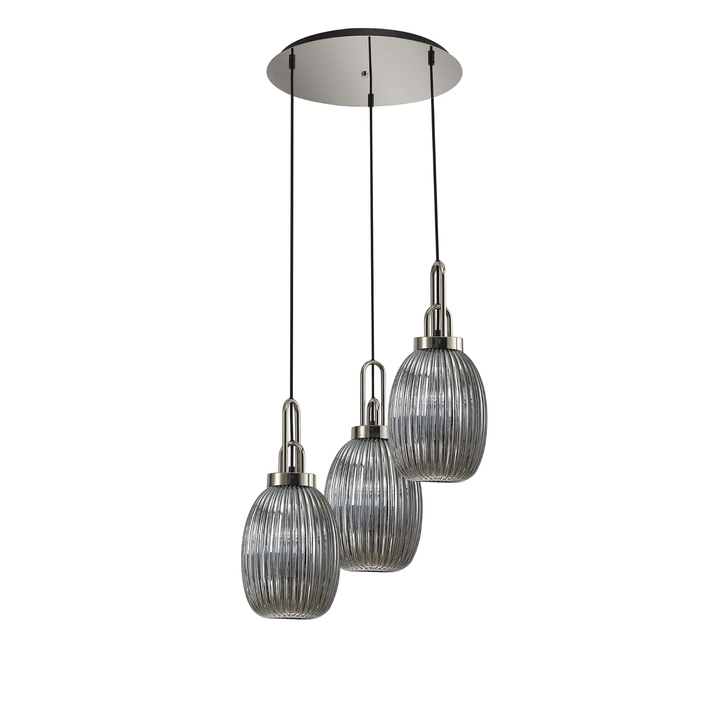Idolite Camille Round 3 Light Pendant With 20cm Almond Ribbed Glass, Polished Nickel/Matt Black Smoked