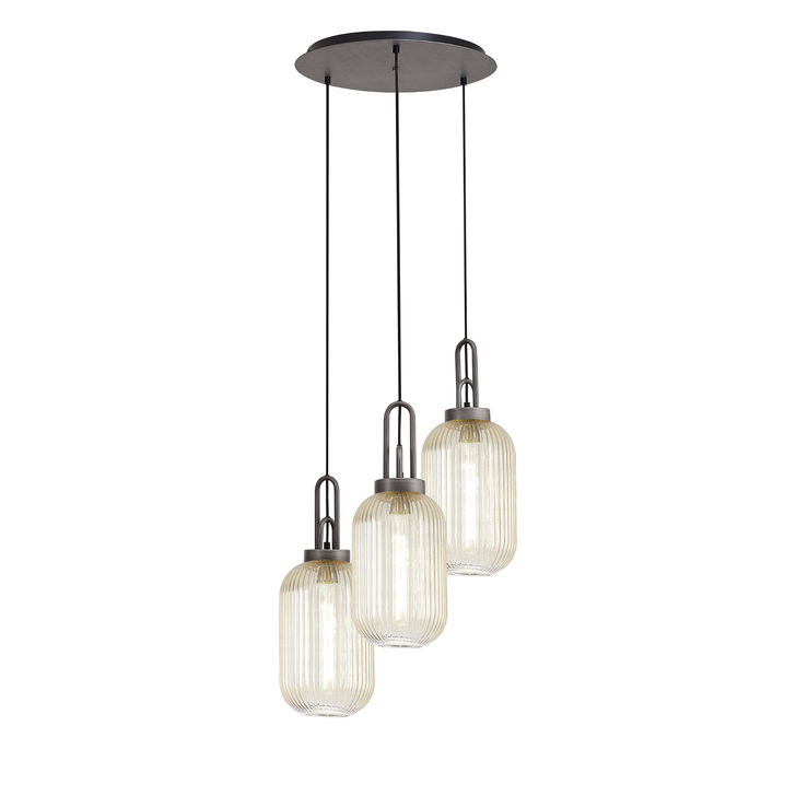 Idolite Camille Round 3 Light Pendant With 20cm Tubular Ribbed Glass, Aged Pewter/Matt Black Champagne
