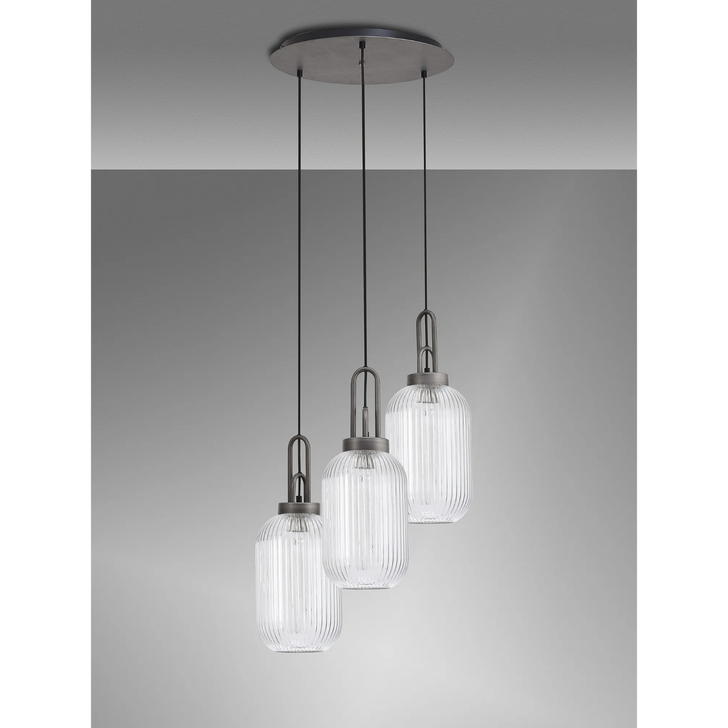 Idolite Camille Round 3 Light Pendant With 20cm Tubular Ribbed Glass, Aged Pewter/Matt Black Clear