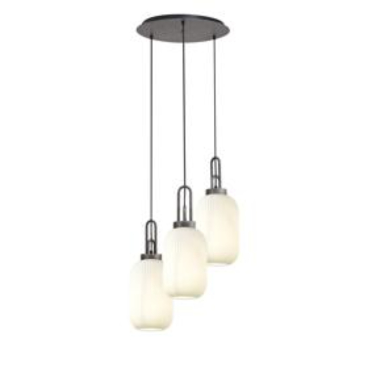 Idolite Camille Round 3 Light Pendant With 20cm Tubular Ribbed Glass, Aged Pewter/Matt Black Opal