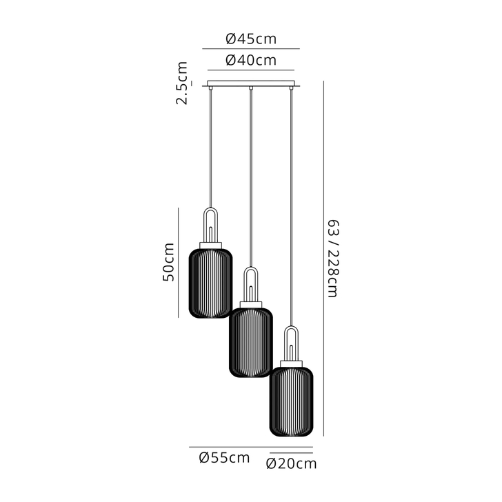 Idolite Camille Round 3 Light Pendant With 20cm Tubular Ribbed Glass, Aged Pewter/Matt Black Smoked