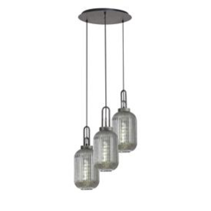 Idolite Camille Round 3 Light Pendant With 20cm Tubular Ribbed Glass, Aged Pewter/Matt Black Smoked