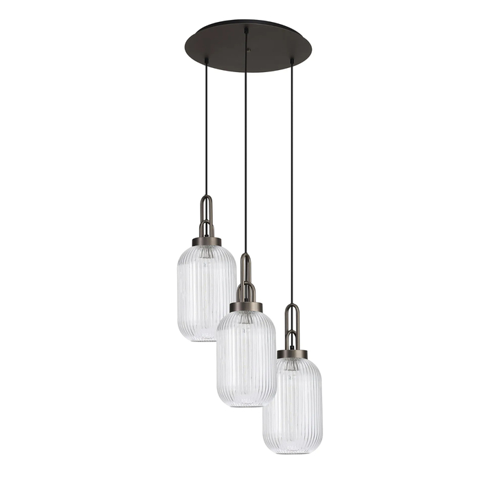 Idolite Camille Round 3 Light Pendant With 20cm Tubular Ribbed Glass, Antique Silver/Matt Black Clear