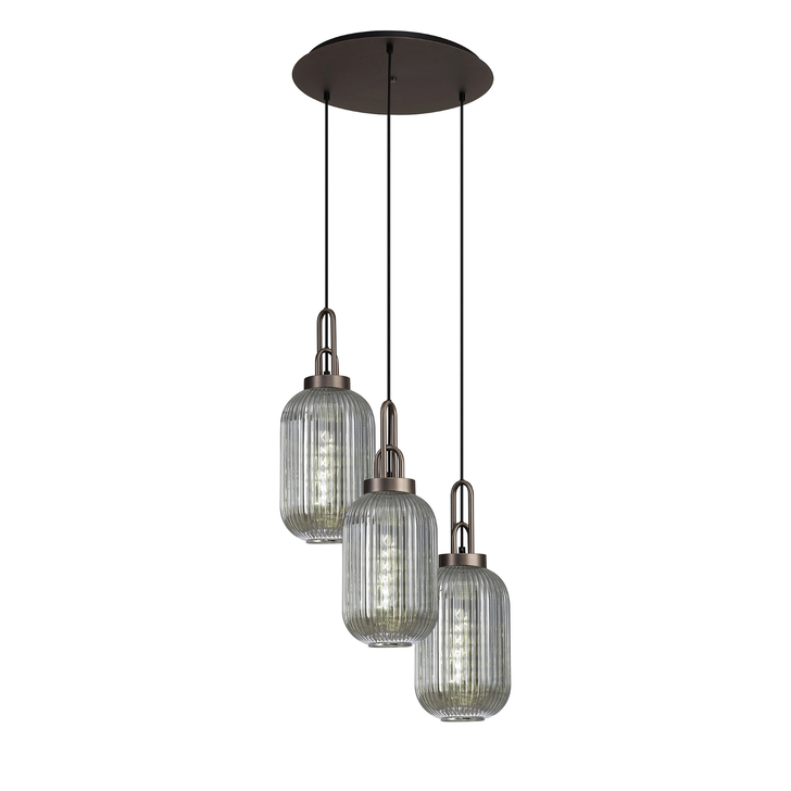 Idolite Camille Round 3 Light Pendant With 20cm Tubular Ribbed Glass, Antique Silver/Matt Black Smoked