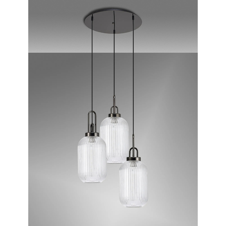 Idolite Camille Round 3 Light Pendant With 20cm Tubular Ribbed Glass, Black Chrome/Matt Black Clear