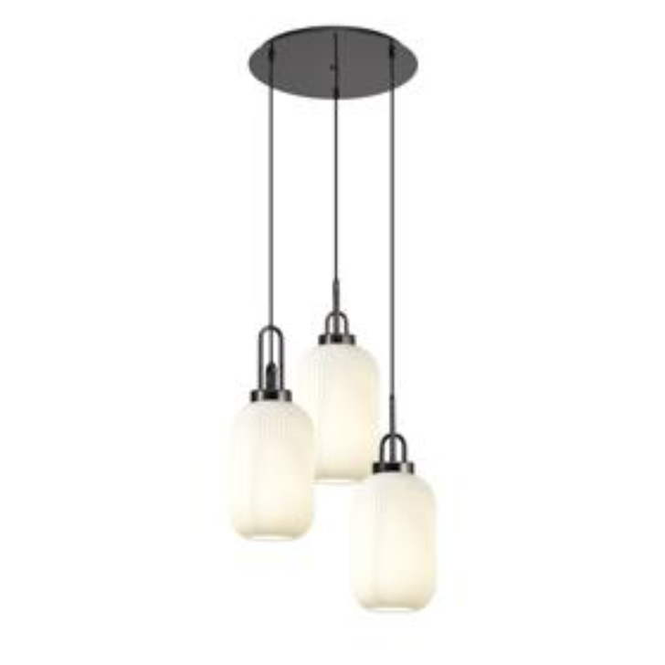 Idolite Camille Round 3 Light Pendant With 20cm Tubular Ribbed Glass, Black Chrome/Matt Black Opal