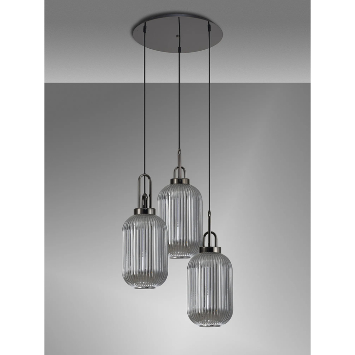 Idolite Camille Round 3 Light Pendant With 20cm Tubular Ribbed Glass, Black Chrome/Matt Black Smoked
