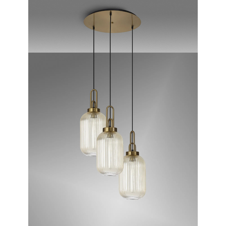 Idolite Camille Round 3 Light Pendant With 20cm Tubular Ribbed Glass, Brass Gold/Matt Black Champagne