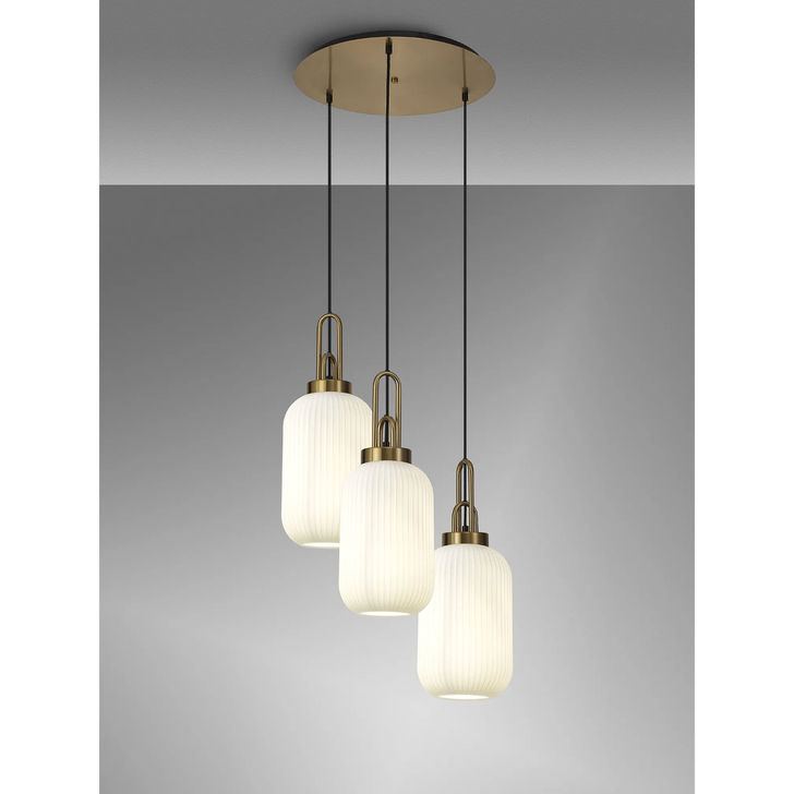 Idolite Camille Round 3 Light Pendant With 20cm Tubular Ribbed Glass, Brass Gold/Matt Black Opal