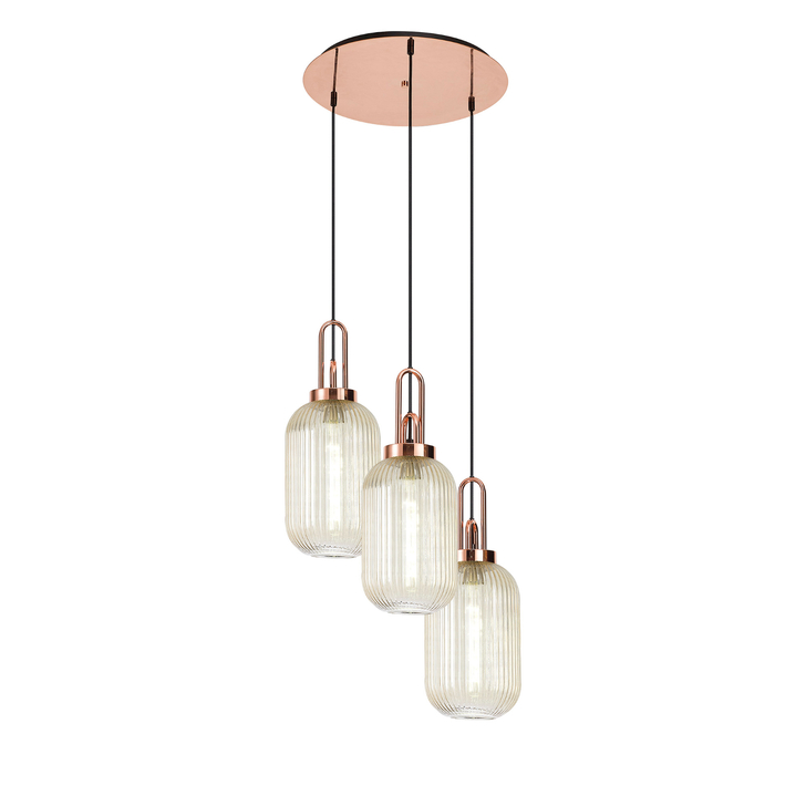 Idolite Camille Round 3 Light Pendant With 20cm Tubular Ribbed Glass, Copper/Matt Black Champagne