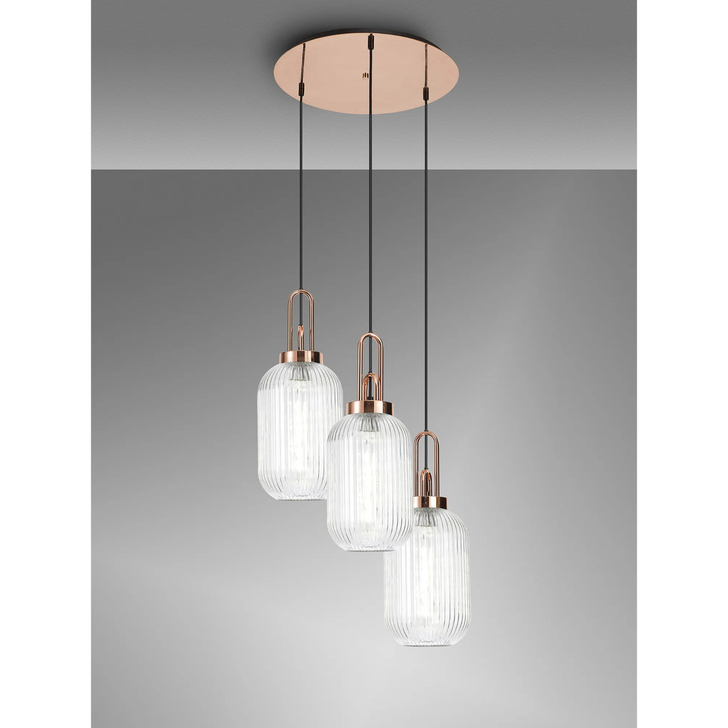 Idolite Camille Round 3 Light Pendant With 20cm Tubular Ribbed Glass, Copper/Matt Black Clear