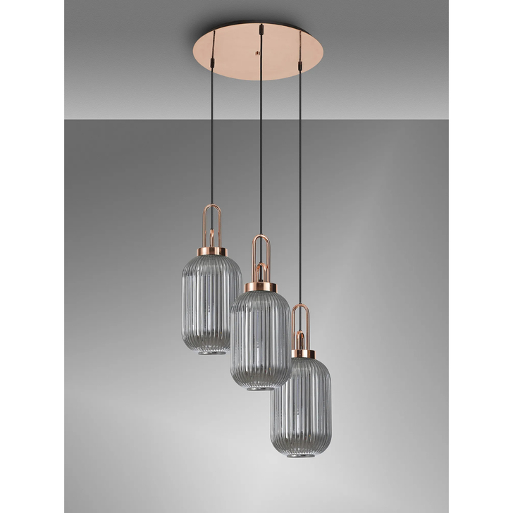 Idolite Camille Round 3 Light Pendant With 20cm Tubular Ribbed Glass, Copper/Matt Black Smoked