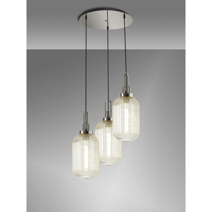 Idolite Camille Round 3 Light Pendant With 20cm Tubular Ribbed Glass, Polished Nickel/Matt Black Champagne