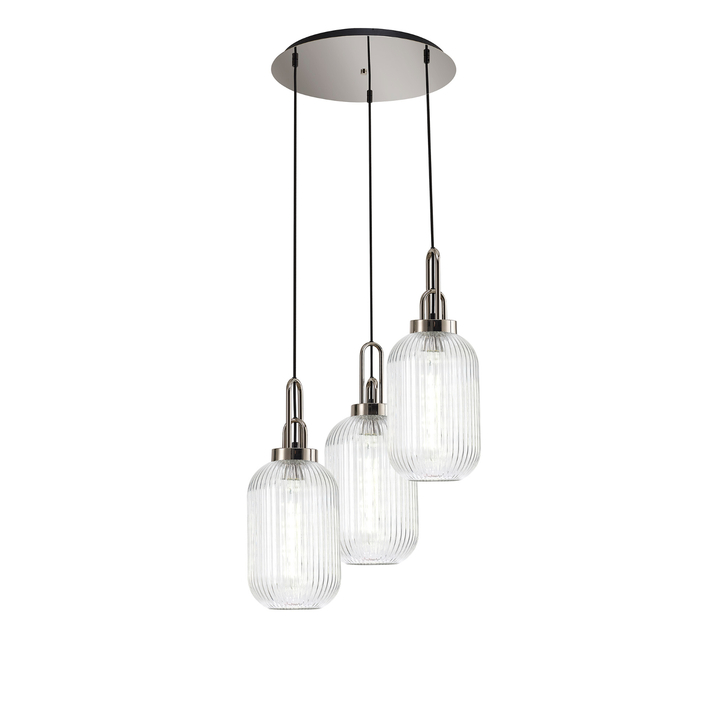 Idolite Camille Round 3 Light Pendant With 20cm Tubular Ribbed Glass, Polished Nickel/Matt Black Clear