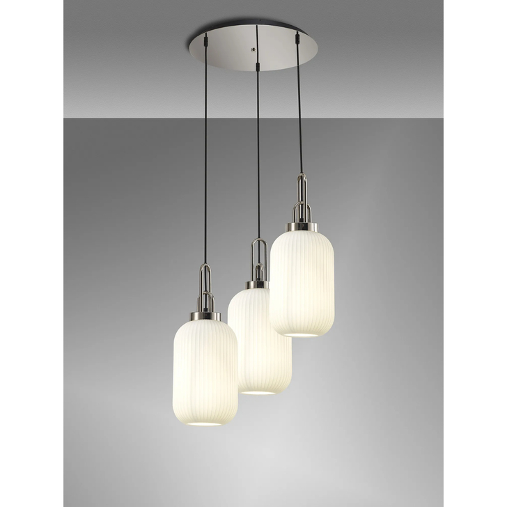 Idolite Camille Round 3 Light Pendant With 20cm Tubular Ribbed Glass, Polished Nickel/Matt Black Opal