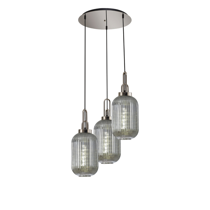 Idolite Camille Round 3 Light Pendant With 20cm Tubular Ribbed Glass, Polished Nickel/Matt Black Smoked
