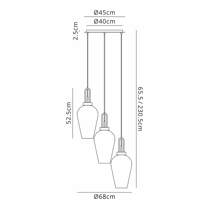Idolite Camille Round 3 Light Pendant With 23cm Pear Glass, Brass Gold/Matt Black Brass Gold/Clear