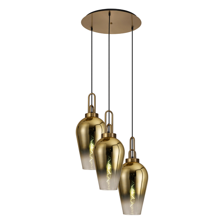 Idolite Camille Round 3 Light Pendant With 23cm Pear Glass, Brass Gold/Matt Black Brass Gold/Clear