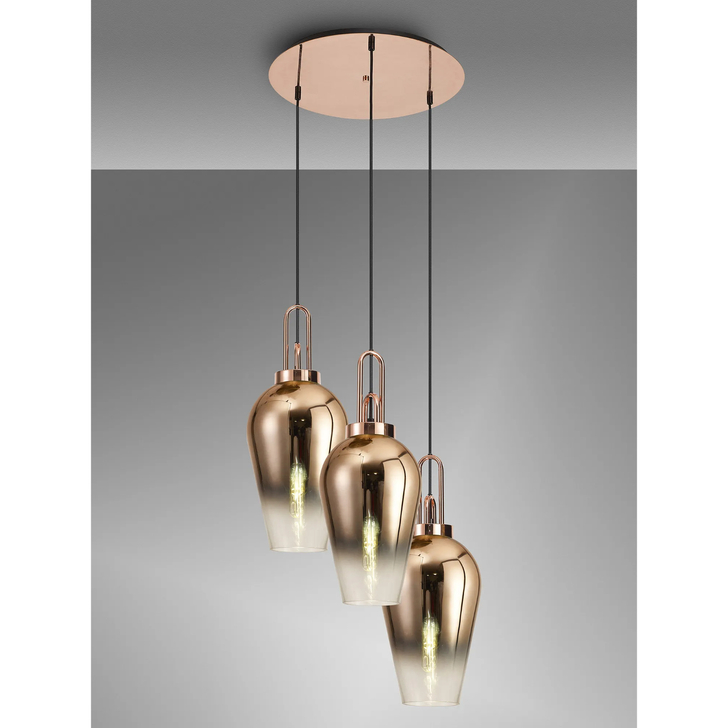Idolite Camille Round 3 Light Pendant With 23cm Pear Glass, Copper/Matt Black Copper/Clear