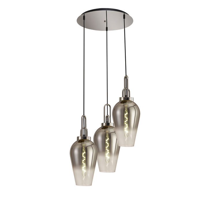 Idolite Camille Round 3 Light Pendant With 23cm Pear Glass, Polished Nickel/Matt Black Smoked/Clear